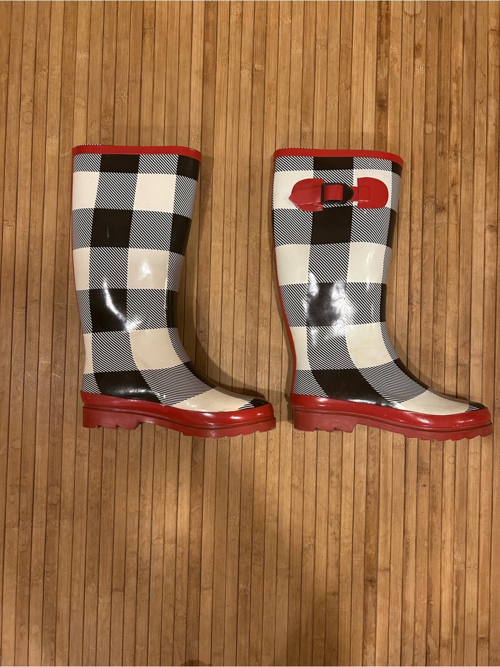 Preppy 6 Retro/Vintage Inspired Black Cream Red Checkered Rainboots Rain Boots
